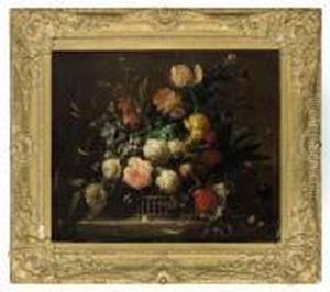 Peonies, Tulips, Carnations And Other Flowers In A Wicker Basket,on A Stone Ledge by Jean-Baptiste Monnoyer