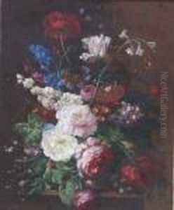 A Basket Of Mixed Flowers Upon A Tableledge A Basket Of Mixed Flowers Upon A Tableledge