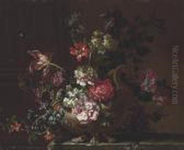 Peonies, Narcissi, Tulips, 
Hyacinths And Other Flowers In Ateracotta Urn On A Stone Table - view 1