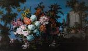 Chrysanthemums, Lilies, 
Honeysuckle And Otherflowers In A Wicker Basket, On A Stone Ledge Before
 A Park Landscape