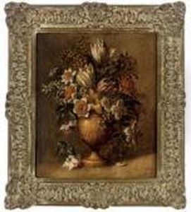 Tulips, Mimosa And Other Flowers In A Sculpted Urn, On Aledge by Jean-Baptiste Monnoyer