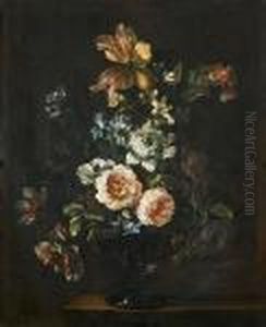 Roses, Tulips, Chrysanthemums And Other Flowers In A Glass Vase On A Stone Ledge by Jean-Baptiste Monnoyer