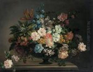 Tulips, Roses, Carnations And
Other Flowers In An Urn On A Stone Ledge With A Sprig Of Roses by Jean-Baptiste Monnoyer