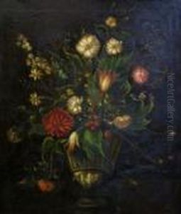 A Still-life With Chrysanthemums, Peonies And Narcissi In An Urn On A Ledge by Jean-Baptiste Monnoyer