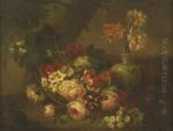 Garden Roses In A Blue Vase By A Basket Of Picked Blooms - view 1