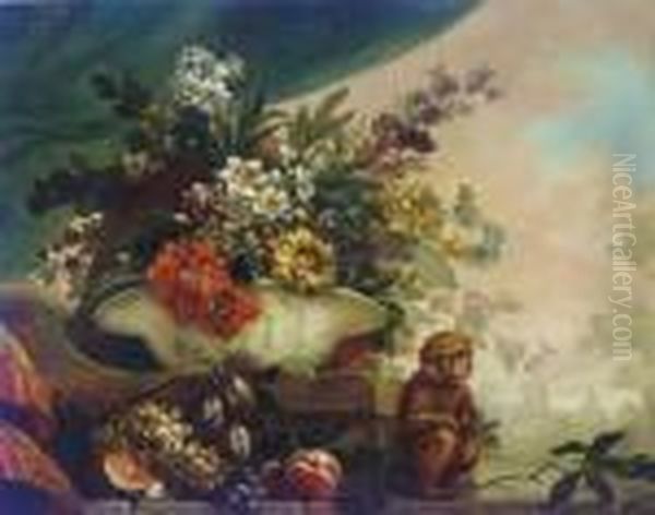 Flowers In A Porcelain Bowl, A Melon, Grapes And Other Fruit On A Ledge, With A Monkey - view 1