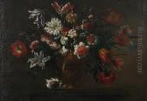 Tulips, Morning Glory, Carnations And Other Flowers On A Ledge
