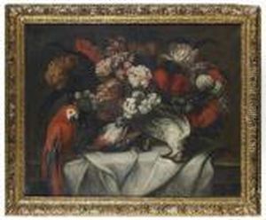 Nature Morte Au Bouquet De Fleurs, Oiseaux Et Perroquet by Jean-Baptiste Monnoyer