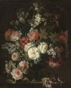 Roses, Chrysanthemums, An Iris, Dianthus And Other Flowers In Anurn On A Stone Ledge