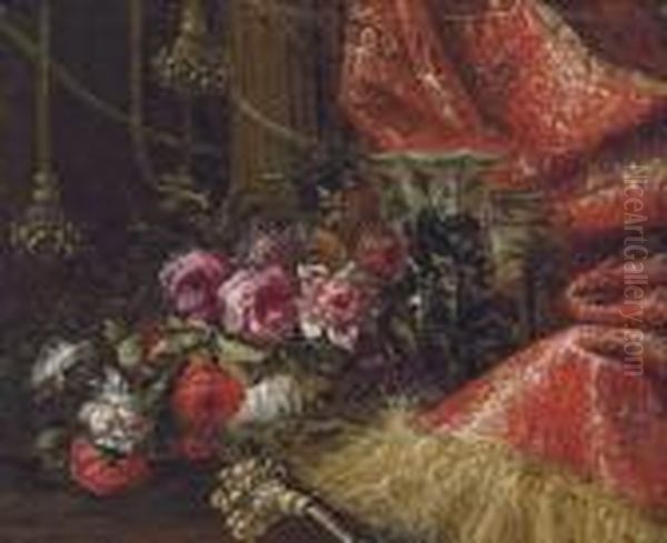 Roses In A China Bowl With Other
 China Vessels On A Table, Drapedwith A Red Curtain With Gold Embroidery
 And Tassels - view 1