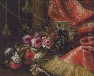 Roses In A China Bowl With Other
 China Vessels On A Table, Drapedwith A Red Curtain With Gold Embroidery
 And Tassels by Jean-Baptiste Monnoyer