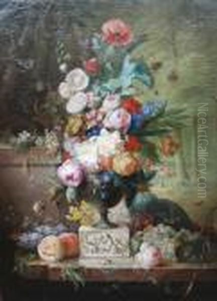 Still Life Of A Bouquet Of Flowers Inan Urn On A Ledge With Woodland Beyond - view 1