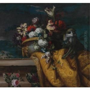 Still Life Of Tulips, Hydrangea And Other Flowers In A Gilt Urn And A Monkey by Jean-Baptiste Monnoyer