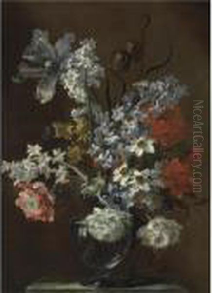 A Still Life With A Tulip, 
Hyacinths, Daffodils, Snake's Headfritillary, Opium Poppies And Other 
Flowers In A Glass Vase On Astone Ledge - view 1