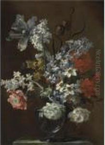 A Still Life With A Tulip,
Hyacinths, Daffodils, Snake's Headfritillary, Opium Poppies And Other
Flowers In A Glass Vase On Astone Ledge by Jean-Baptiste Monnoyer