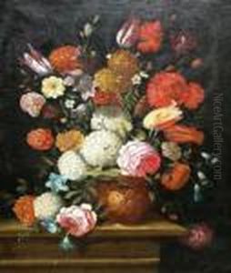 Still Life Of Flowers In A Vase On A Ledge