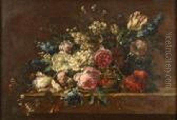 Manner Of Jean-baptiste Monnoyer, A Still Life With Flowers In A Basket On A Stone Ledge - view 1