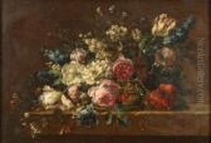 Manner Of Jean-baptiste Monnoyer, A Still Life With Flowers In A Basket On A Stone Ledge by Jean-Baptiste Monnoyer