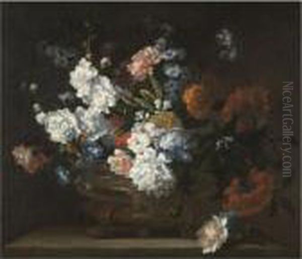 A Still Life Of Flowers 
Including Peonies, Carnations, Poppies And Auriculae In A Bronze Urn On A
 Stone Ledge - view 1