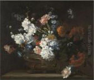 A Still Life Of Flowers 
Including Peonies, Carnations, Poppies And Auriculae In A Bronze Urn On A
 Stone Ledge