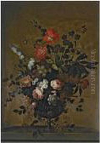 A Still Life With Roses, Tulips And Other Flowers In A Stone Vase On A Stone Ledge - view 1