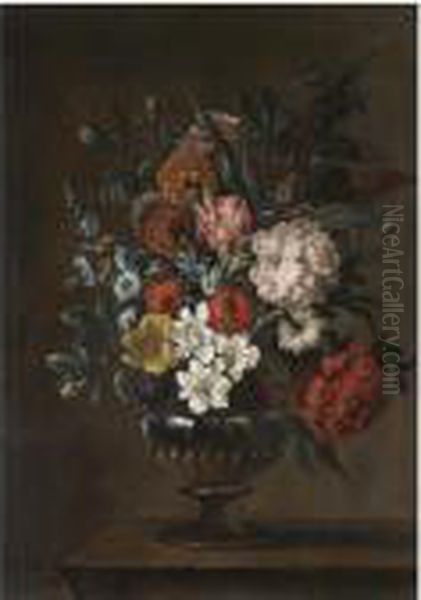 A Still Life With A Bouquet Of Flowers In A Glass Vase On A Stone Ledge - view 1