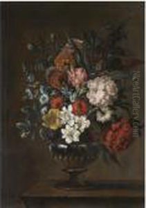 A Still Life With A Bouquet Of Flowers In A Glass Vase On A Stone Ledge by Jean-Baptiste Monnoyer