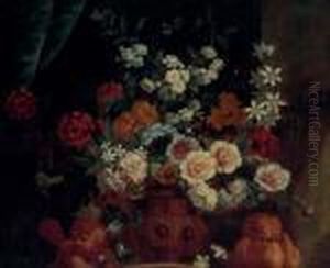 Peonies And Roses In A Vase With Two Stone Putti, On A Ledge by Jean-Baptiste Monnoyer