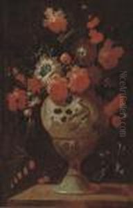 Roses, Carnations And Other Flowers In A Vase On A Ledge