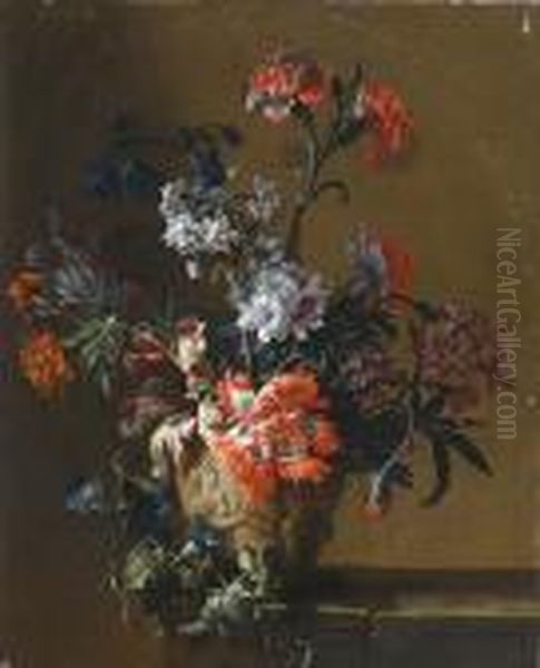 Chrysanthemums, Tulips, Morning
Glory, Narcissi And Other Flowers In A Vase On A Stone Ledge - view 1