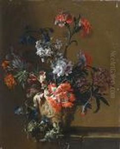 Chrysanthemums, Tulips, Morning
Glory, Narcissi And Other Flowers In A Vase On A Stone Ledge by Jean-Baptiste Monnoyer