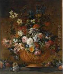 A Still Life With Roses, Tulips,
Irisses, Poppy Anemones, Auricula, Hyacinths And Other Flowers, All In A
Terracotta Sculpted Vase, On A Stone Ledge by Jean-Baptiste Monnoyer