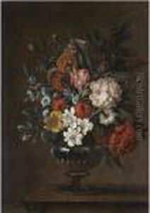 Still Life With A Bouquet Of Flowers In A Metalic Urn On A Stone Ledge Still Life With A Bouquet Of Flowers In A Metalic Urn On A Stone Ledge