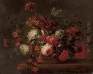 Roses, Carnations, Tulips, Morning Glory And Other Flowers In A Basket On A Ledge by Jean-Baptiste Monnoyer