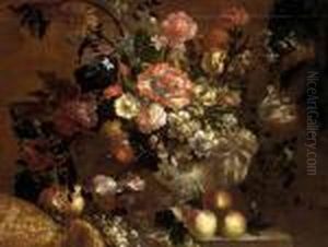 Carnations, Roses, A Tulip And 
Other Flowers In A Stone Sculpted Pot With Peaches On A Stone Ledge, By A
 Curtain