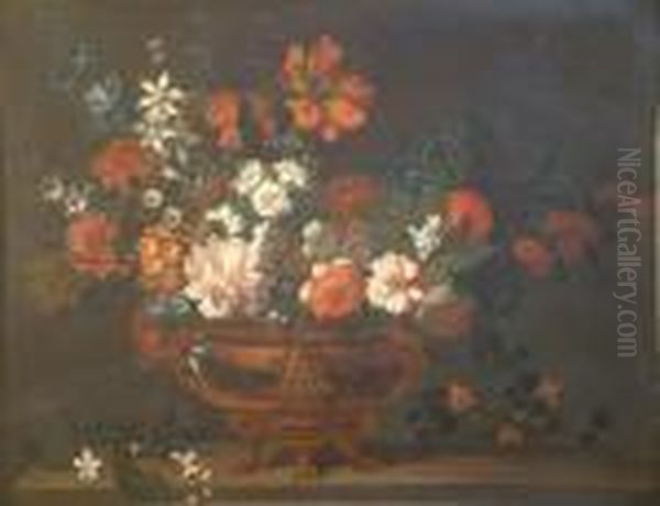 French Oil On Canvas Still Life Of Flowers In A Brass Urn, On A Ledge 30 X 39in - view 1