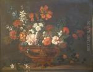 French Oil On Canvas Still Life Of Flowers In A Brass Urn, On A Ledge 30 X 39in by Jean-Baptiste Monnoyer