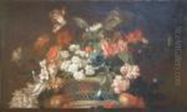 French Oil On Canvas Still Life
Of Flowers In A Basket Painted As A Sur Portiere 22 X 36.5in - view 1