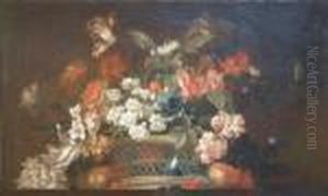 French Oil On Canvas Still Life 
Of Flowers In A Basket Painted As A Sur Portiere 22 X 36.5in