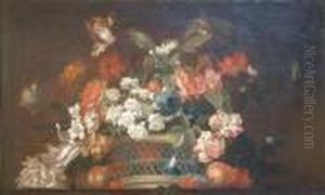 Still Life Of Flowers In A Basket Painted As A Sur Portiere by Jean-Baptiste Monnoyer