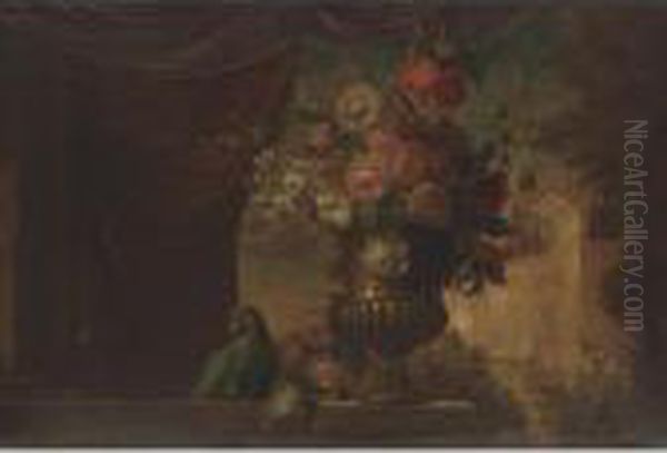 Still Life Of Flowers In An Italianate Landscape With Parrot - view 1