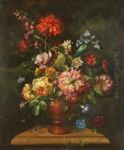 Still Life Of Flowers In A Vase Resting On A Ledge. by Jean-Baptiste Monnoyer
