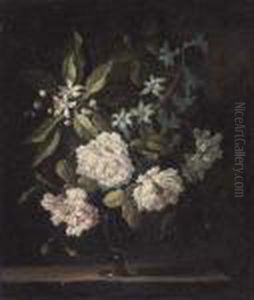 Roses, Orange Blossom And Hyacinths, In A Glass Vase On A Stone Ledge by Jean-Baptiste Monnoyer