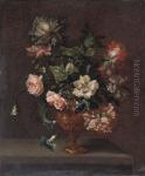 Roses, Peonies And Convulvulus In A Sculpted Urn On A Stone Ledge - view 1