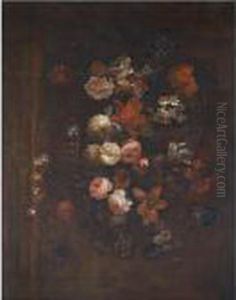 Still Life With Morning Glory,
Roses, Tulips, A Crown Fruitillary, Honeysuckle, Morning Glory, Irises,
And Various Other Flowers In A Vase On A Ledge by Jean-Baptiste Monnoyer
