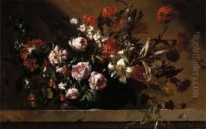 Roses, Tulips, Lilies And Other Flowers In A Ceramic Dish On A Stone Ledge by Jean-Baptiste Monnoyer