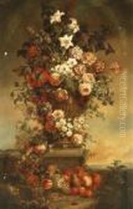 Tulips, Lilies, Carnations,
Roses And Other Flowers In An Urn On A Stone Ledge, With Fruit In A
Basket Below by Jean-Baptiste Monnoyer