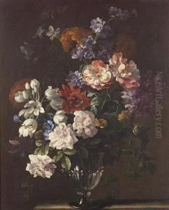 Carnations, Peonies, China Aster, A Marigold And Other Flowers In A Glass Vase On Ledge by Jean-Baptiste Monnoyer