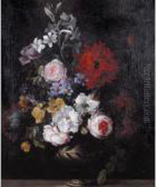 A Still Life Of Flowers
Including Roses, Carnations And Lilies In An Urn On A Stone Ledge - view 1