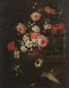 Still Life Of Roses And Other 
Flowers In A Basket On A Ledge, With A Goldfinch And A Beetle.